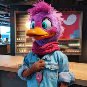 Magenta Gosling mascot costume character dressed with a Chambray Shirt and Bracelets