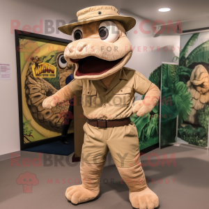 Tan Python mascot costume character dressed with a Corduroy Pants and Caps