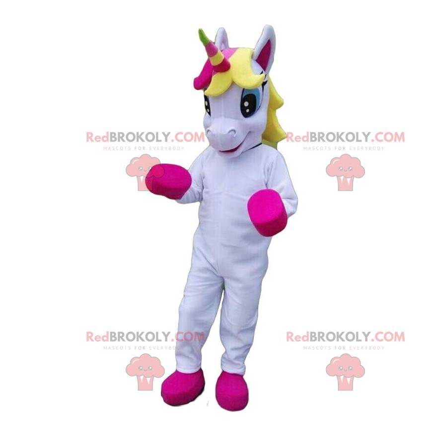 Mascote unicórnio branco e rosa, fantasia de fada -