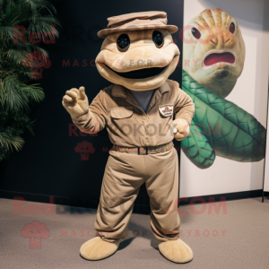 Tan Python mascot costume character dressed with a Corduroy Pants and Caps