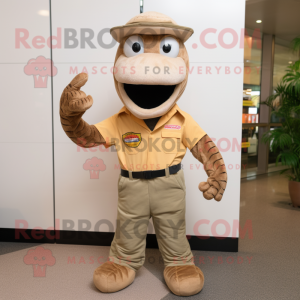 Tan Python mascot costume character dressed with a Corduroy Pants and Caps