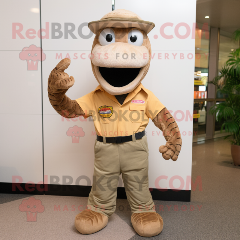 Tan Python mascot costume character dressed with a Corduroy Pants and Caps Tan Python mascot costume character dressed with a Corduroy Pants and Caps