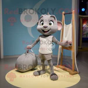 Gray Tightrope Walker mascot costume character dressed with a Running Shorts and Tote bags