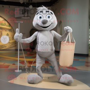 Gray Tightrope Walker mascot costume character dressed with a Running Shorts and Tote bags