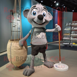 Gray Tightrope Walker mascot costume character dressed with a Running Shorts and Tote bags