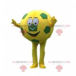 Mascota de balón de fútbol amarillo y verde, traje de fútbol -