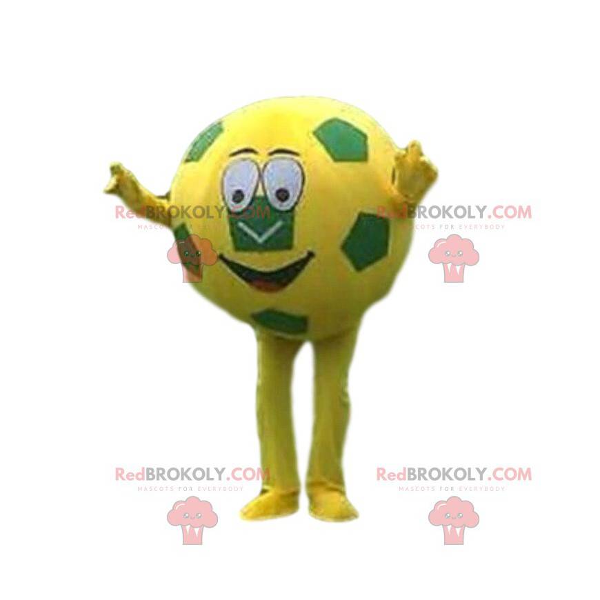 Mascotte pallone da calcio giallo e verde, costume da calcio -
