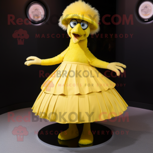Lemon Yellow Emu mascot costume character dressed with a Circle Skirt and Caps