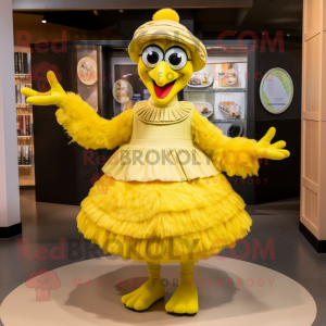 Lemon Yellow Emu mascot costume character dressed with a Circle Skirt and Caps
