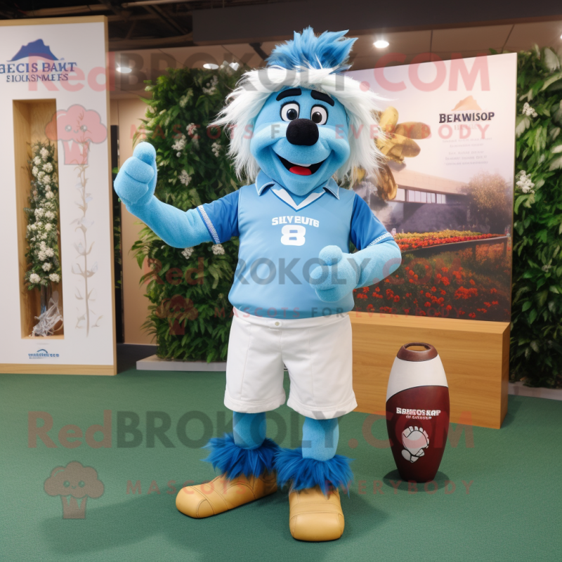 Sky Blue Scarecrow mascot costume character dressed with a Rugby Shirt and Scarf clips