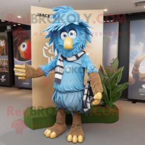 Sky Blue Scarecrow mascot costume character dressed with a Rugby Shirt and Scarf clips
