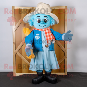 Sky Blue Scarecrow mascot costume character dressed with a Rugby Shirt and Scarf clips