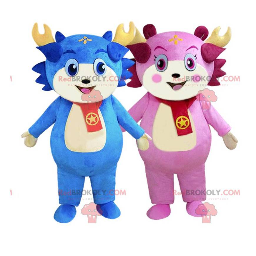 2 Maskottchen mit blauen und rosa Charakteren, farbenfrohe