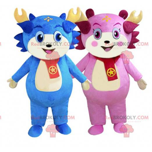 2 Maskottchen mit blauen und rosa Charakteren, farbenfrohe