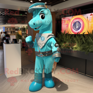Turquoise Horseshoe mascot costume character dressed with a Graphic Tee and Bracelets
