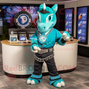 Turquoise Horseshoe mascot costume character dressed with a Graphic Tee and Bracelets