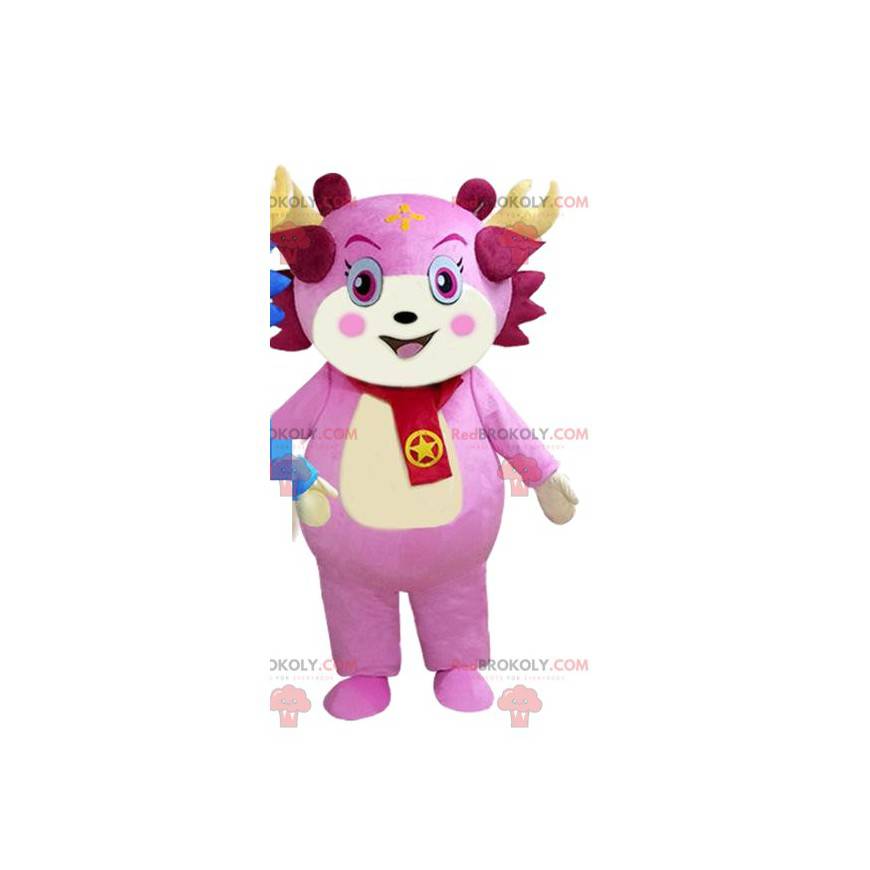 Mascote de personagem rosa, fantasia de criatura rosa -