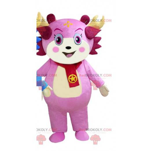 Mascota de personaje rosa, disfraz de criatura rosa -