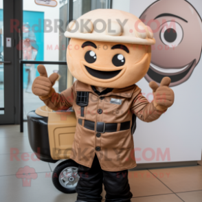 Tan Cupcake mascot costume character dressed with a Moto Jacket and Suspenders