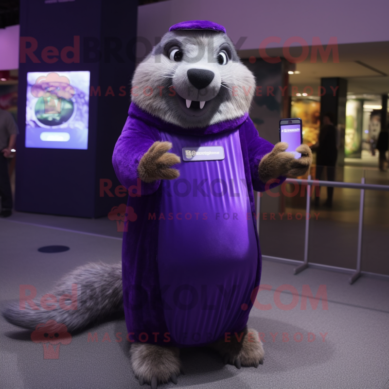 Purple Marmot mascot costume character dressed with a Evening Gown and Digital watches