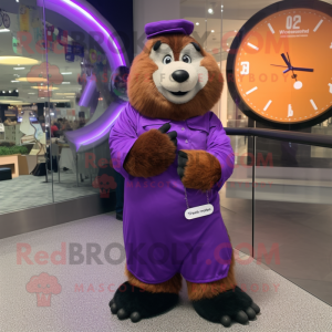 Purple Marmot mascot costume character dressed with a Evening Gown and Digital watches