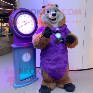 Purple Marmot mascot costume character dressed with a Evening Gown and Digital watches