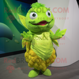 Lime Green Goldfish mascot costume character dressed with a Wrap Dress and Mittens