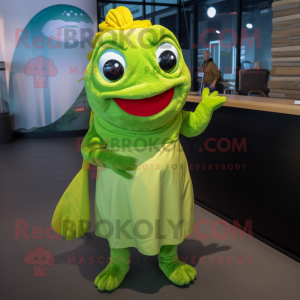 Lime Green Goldfish mascot costume character dressed with a Wrap Dress and Mittens