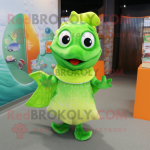 Lime Green Goldfish mascot costume character dressed with a Wrap Dress and Mittens