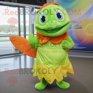 Lime Green Goldfish mascot costume character dressed with a Wrap Dress and Mittens