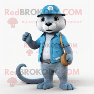 Sky Blue Mongoose mascot costume character dressed with a Jeans and Hats