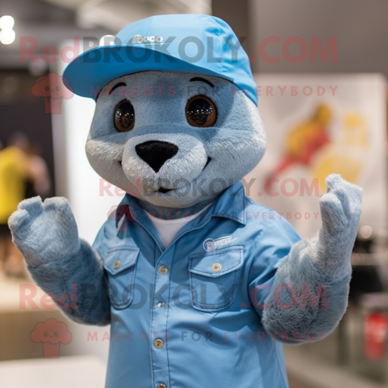 Sky Blue Mongoose mascot costume character dressed with a Jeans and Hats