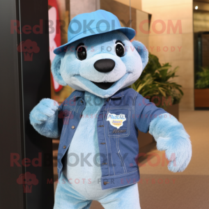 Sky Blue Mongoose mascot costume character dressed with a Jeans and Hats