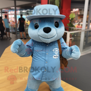 Sky Blue Mongoose mascot costume character dressed with a Jeans and Hats