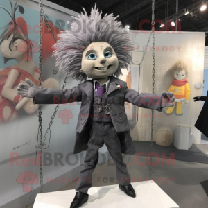 Gray Trapeze Artist mascot costume character dressed with a Suit Jacket and Hair clips