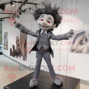 Gray Trapeze Artist mascot costume character dressed with a Suit Jacket and Hair clips