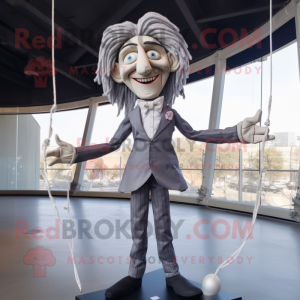 Gray Trapeze Artist mascot costume character dressed with a Suit Jacket and Hair clips