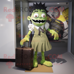 Olive Frankenstein'S Monster mascot costume character dressed with a Shift Dress and Briefcases