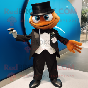 Brown Fish Tacos mascot costume character dressed with a Tuxedo and Smartwatches