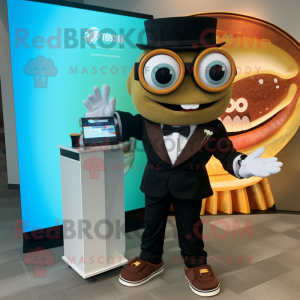 Brown Fish Tacos mascot costume character dressed with a Tuxedo and Smartwatches