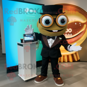 Brown Fish Tacos mascot costume character dressed with a Tuxedo and Smartwatches