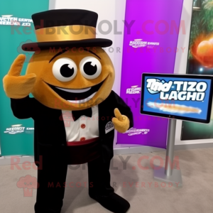 Brown Fish Tacos mascot costume character dressed with a Tuxedo and Smartwatches