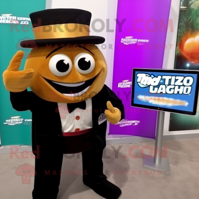 Brown Fish Tacos mascot costume character dressed with a Tuxedo and Smartwatches Brown Fish Tacos mascot costume character dressed with a Tuxedo and Smartwatches