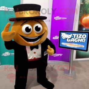 Brown Fish Tacos mascot costume character dressed with a Tuxedo and Smartwatches