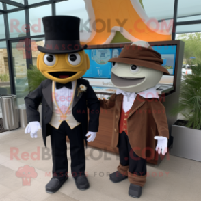 Brown Fish Tacos mascot costume character dressed with a Tuxedo and Smartwatches
