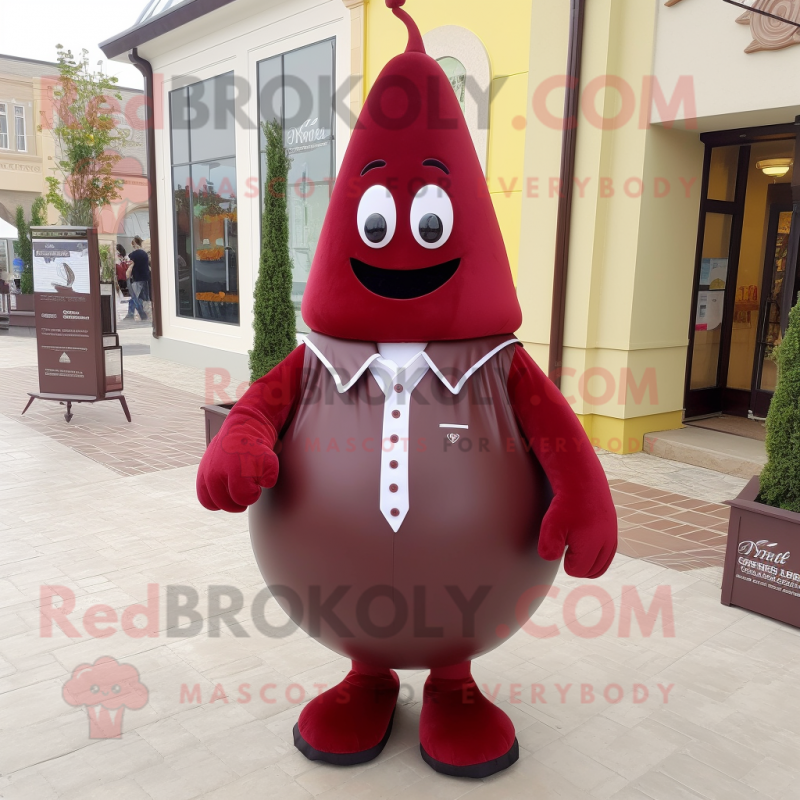 Maroon Pear mascot costume character dressed with a Coat and Shoe clips