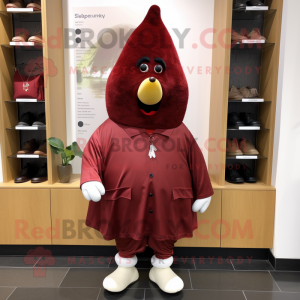 Maroon Pear mascot costume character dressed with a Coat and Shoe clips