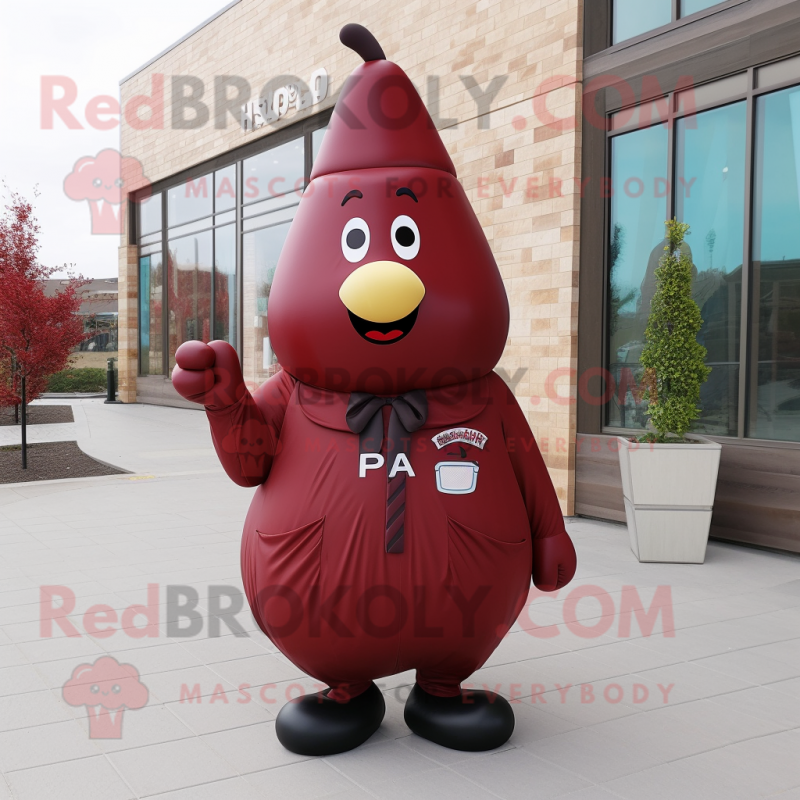 Maroon Pear mascot costume character dressed with a Coat and Shoe clips