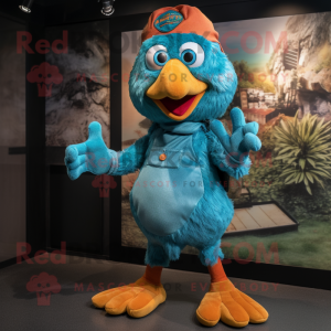 Turquoise Pheasant mascot costume character dressed with a Overalls and Beanies