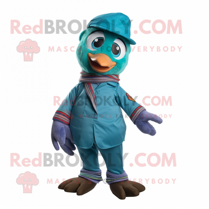 Turquoise Pheasant mascot costume character dressed with a Overalls and Beanies